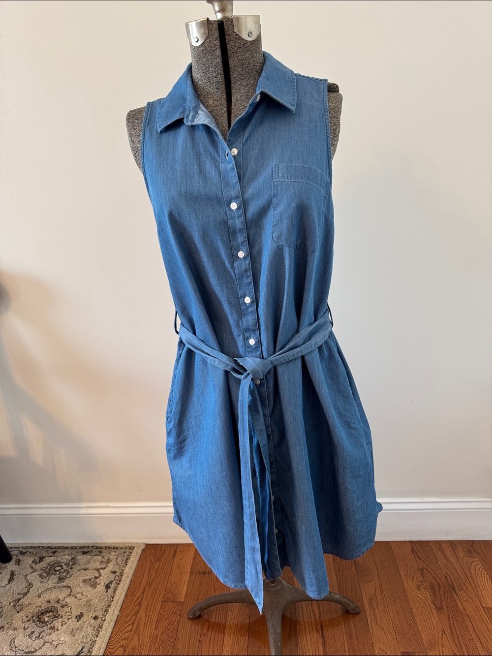 CROWN & IVY Sleeveless Blue Denim Shirt Dress with Tie Waist
